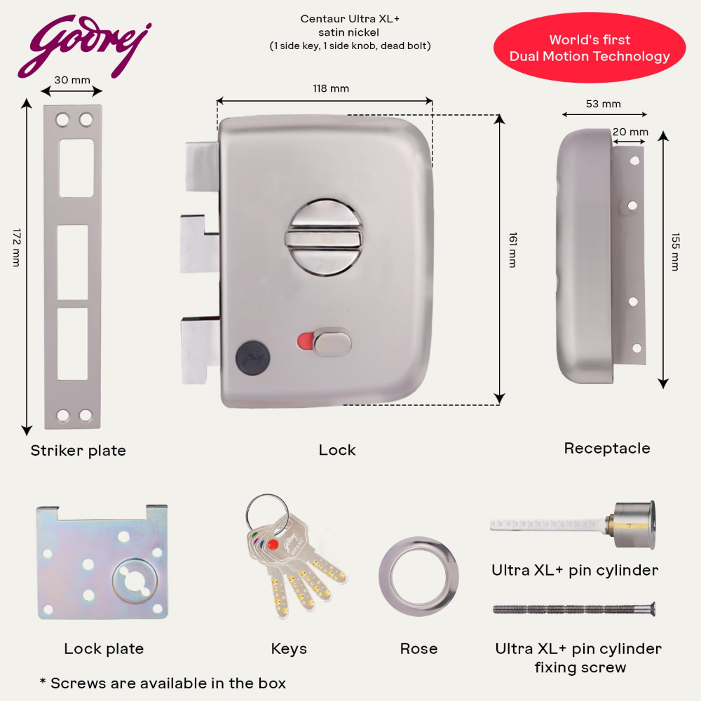 Godrej Centaur Rim Lock I World's 1st Dual Motion Lock | Ultra XL plus  Technology| 4 Keys I 1CK Dead Bolt Lock for Main & Safety Door I Antique Copper Finish (Satin Nickel)